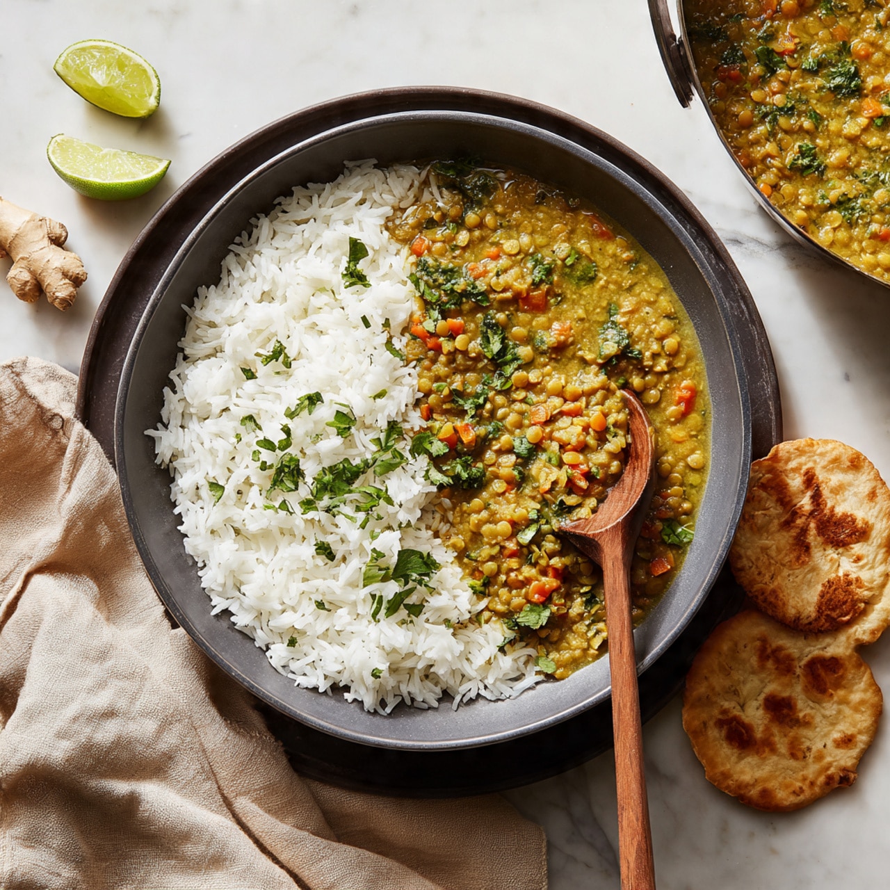 A black pan with a wooden handle holds a thick yellow curry mixed with green lentils and orange carrot pieces, garnished with small green herb leaves scattered on top. A wooden spoon is shown scooping some curry from the pan. Nearby, two round, golden toasted flatbreads rest on a white plate, and there are lime wedges placed around the pan on a white marbled surface. The scene includes a light pink cloth and a small piece of ginger root at the corners. Photo taken with an iphone --ar 4:5 --v 7