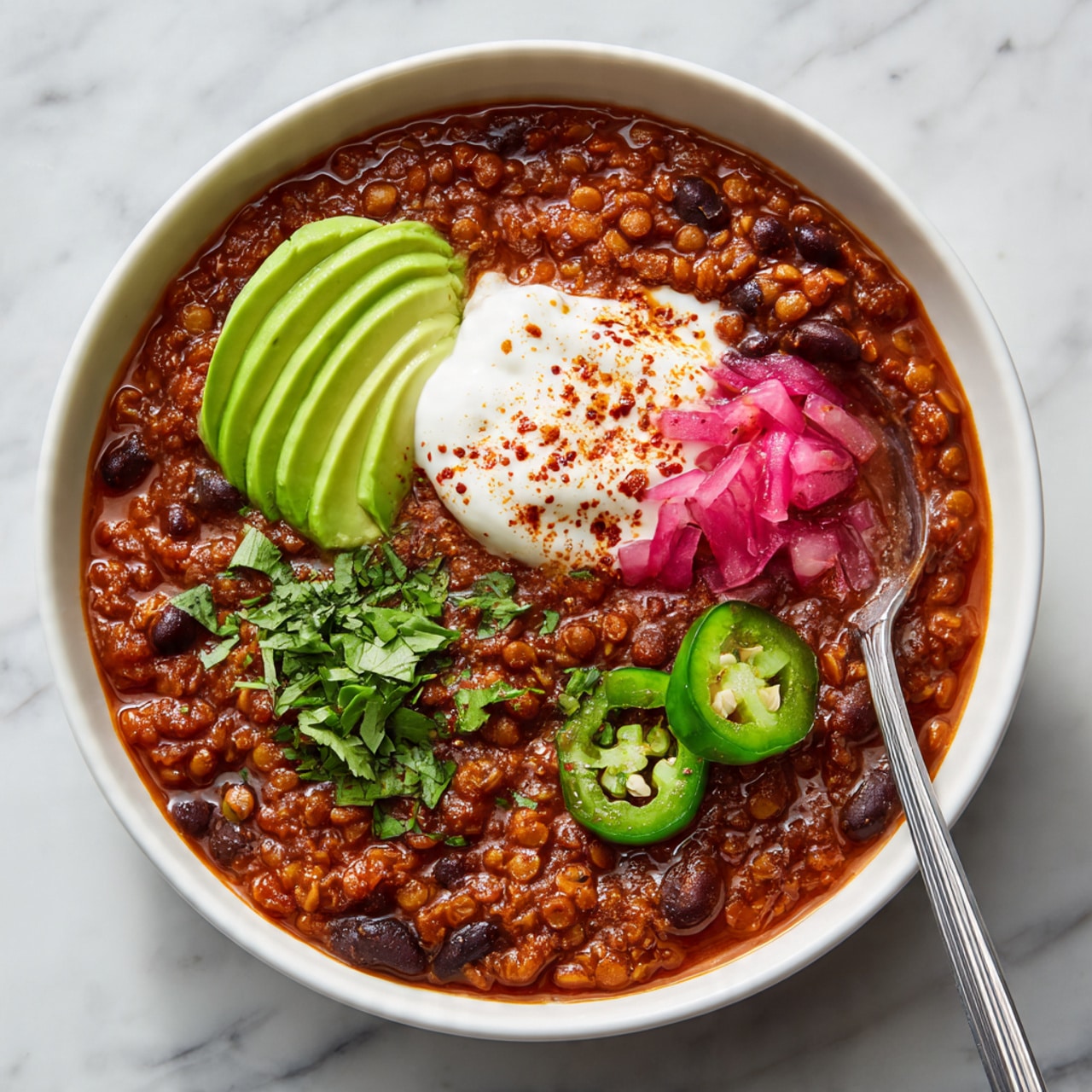 A large white pot filled with a thick, rich red stew that has black beans, kidney beans, and yellow lentils mixed throughout. A wooden spoon is dipping into the stew, stirring the different colorful beans and lentils with a textured, chunky sauce. The pot is placed on a white marbled surface with a black and white checkered cloth nearby. The stew looks hearty and full of layers of color from the beans and sauce. photo taken with an iphone --ar 4:5 --v 7