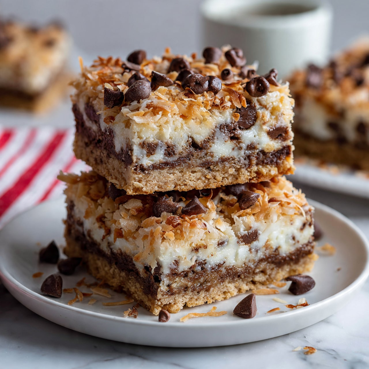 The image shows a close-up of a white baking dish filled with a baked dessert that is cut into nine square pieces. The dessert has a golden-brown crust layer at the bottom and edges, topped with a layer of shredded light brown toasted coconut. Scattered over the coconut are dark brown chocolate chips that are slightly melted. The dessert looks soft and moist with a slightly crumbly texture on the sides, and the top is uneven with coconut strands and chocolate chips spread across. The dish is placed on a white marbled surface next to a red and white checkered cloth. photo taken with an iphone --ar 4:5 --v 7