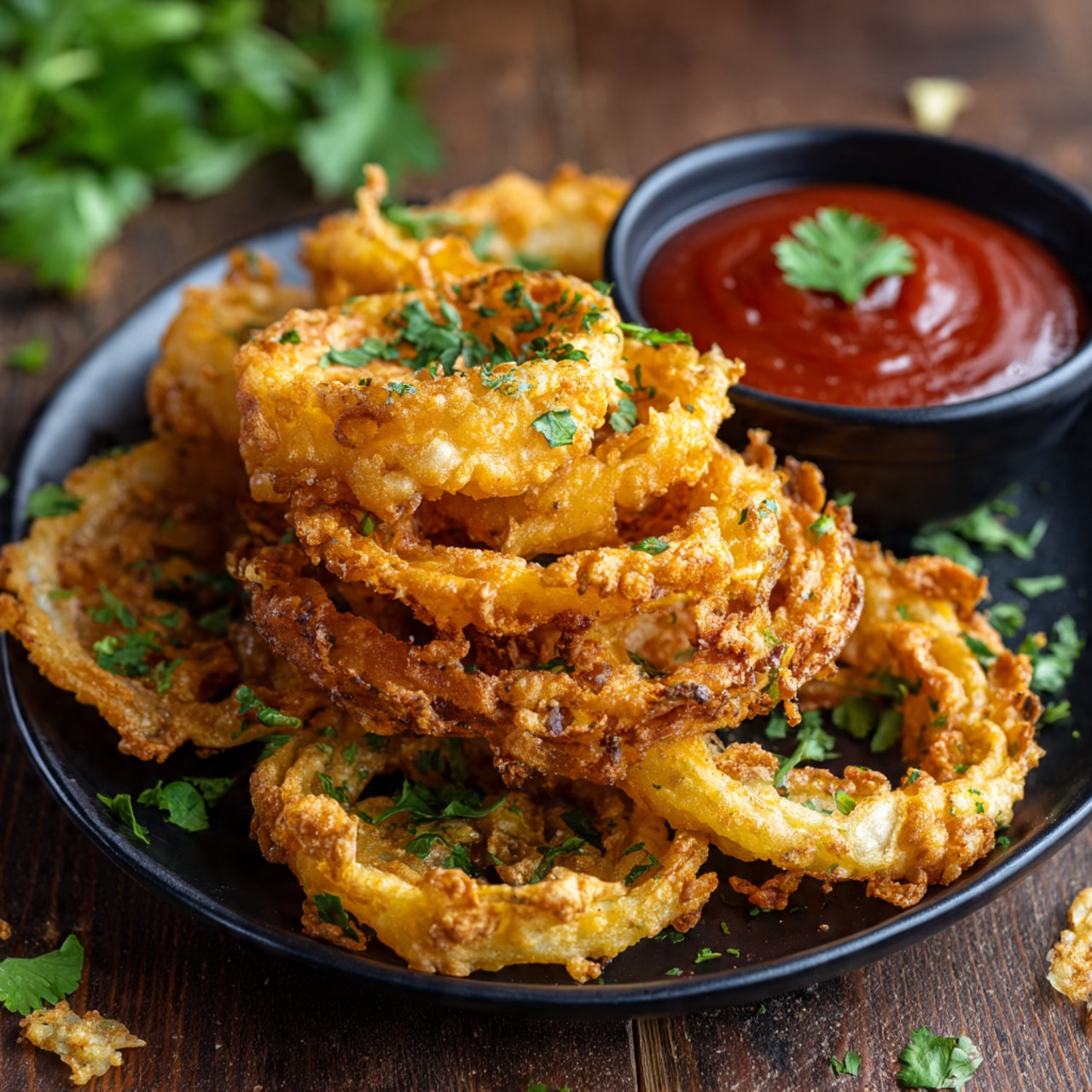 The image shows seven crispy golden-brown onion rings arranged inside a black air fryer basket. The onion rings vary in size, with each having a crunchy, textured coating that looks evenly fried. The basket has a mesh pattern with some small crumbs scattered around. The background is a white marbled texture, and the air fryer edges are black with a wooden handle partially visible. photo taken with an iphone --ar 4:5 --v 7