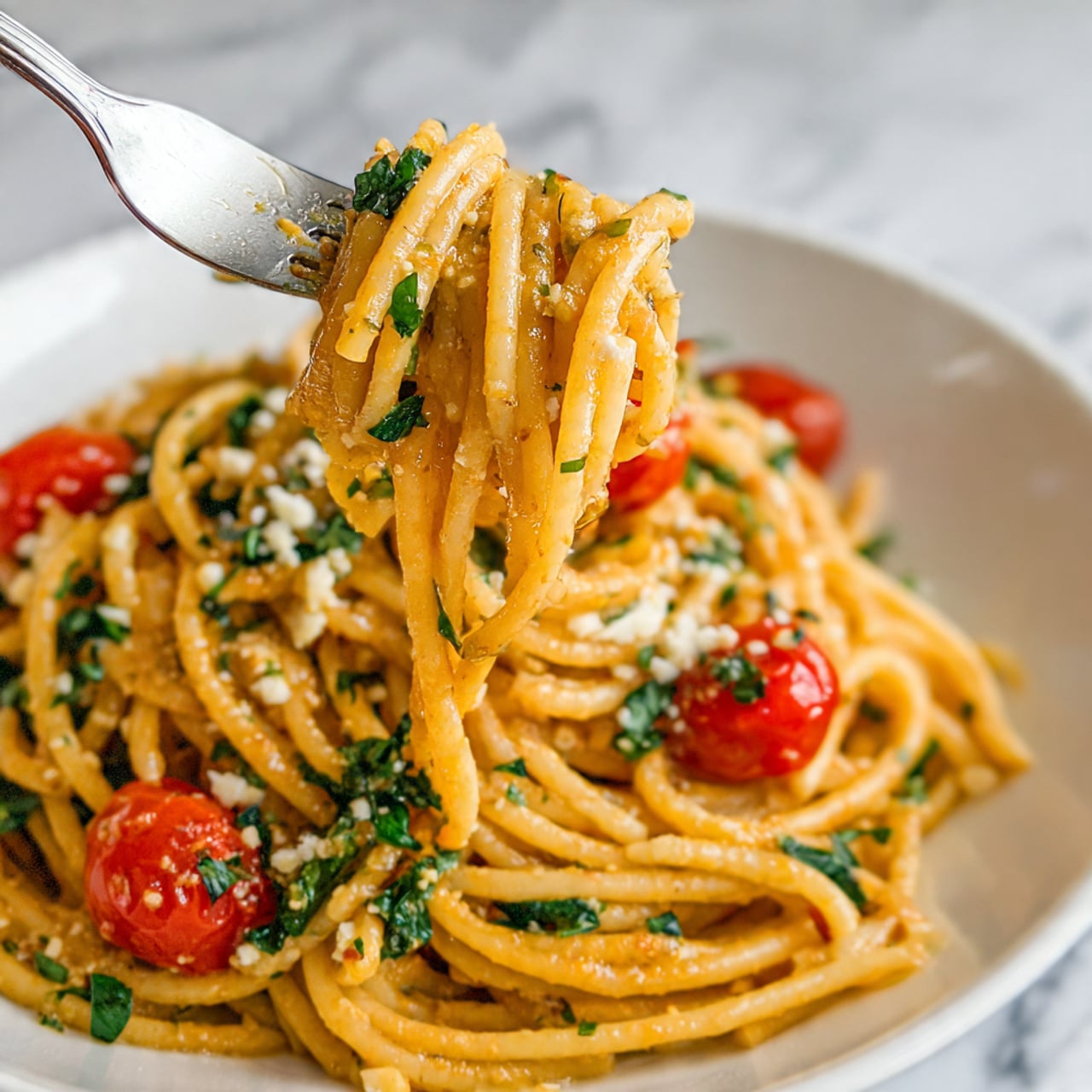 The image shows a close-up of a fork lifting a small bundle of thick, yellowish pasta strands coated in a light orange sauce, mixed with bits of green herbs scattered on top. The pasta plate underneath has a white color, and the pasta is topped with visible small red cherry tomatoes and light crumbs, possibly cheese or breadcrumbs. The pasta texture looks soft with a slight gloss from the sauce, and the green herbs add a fresh contrast in color throughout the dish. The background is a white marbled texture. photo taken with an iphone --ar 4:5 --v 7