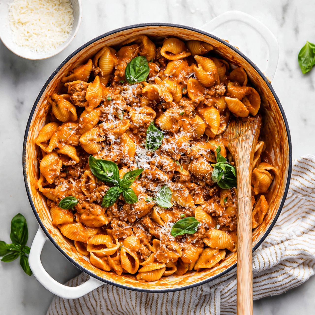 A white bowl filled with shell pasta in a rich brownish-orange sauce layered with small pieces of ground filling, topped with light grated cheese and fresh green basil leaves scattered on top; a gold spoon resting inside the bowl on the right side. Part of a second white bowl with the same pasta is visible in the top right corner. The bowls sit on a white marbled surface with a white and brown striped cloth on the right and a small glass bowl with grated cheese at the bottom left. A small white bowl with pepper and a green basil plant are in the top left corner. photo taken with an iphone --ar 4:5 --v 7