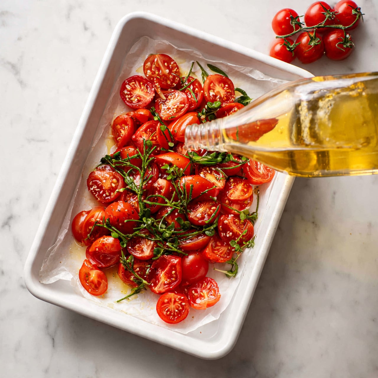 The image shows a white baking tray lined with white parchment paper, filled with two layers: a single layer of halved bright red cherry tomatoes with seeds visible, and a few sprigs of green fresh herbs scattered evenly on top. In the bottom part of the image, a clear glass bottle is being tilted, pouring golden yellow olive oil over the tomatoes. The tray is placed on a white marbled surface, and a small cluster of whole cherry tomatoes is seen near the top right corner. photo taken with an iphone --ar 4:5 --v 7