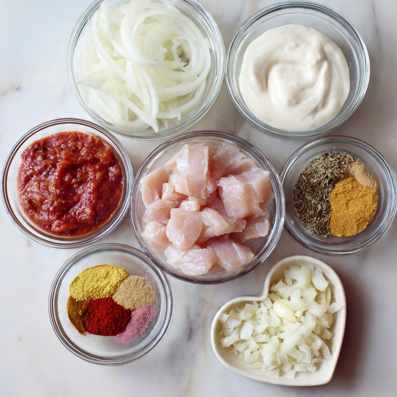 The image shows six small bowls arranged on a white marbled surface. At the top left, a glass bowl contains thinly sliced white onions. To the right, a white bowl has a smooth yogurt-like white sauce. Below the onions, another glass bowl holds a chunky red tomato sauce. In the center, a glass bowl contains raw pink chicken cubes. At the bottom left, a glass bowl displays a mix of colorful powdered spices including yellow, red, brown, and beige. On the bottom right, a heart-shaped white bowl holds finely chopped garlic. Photo taken with an iphone --ar 4:5 --v 7