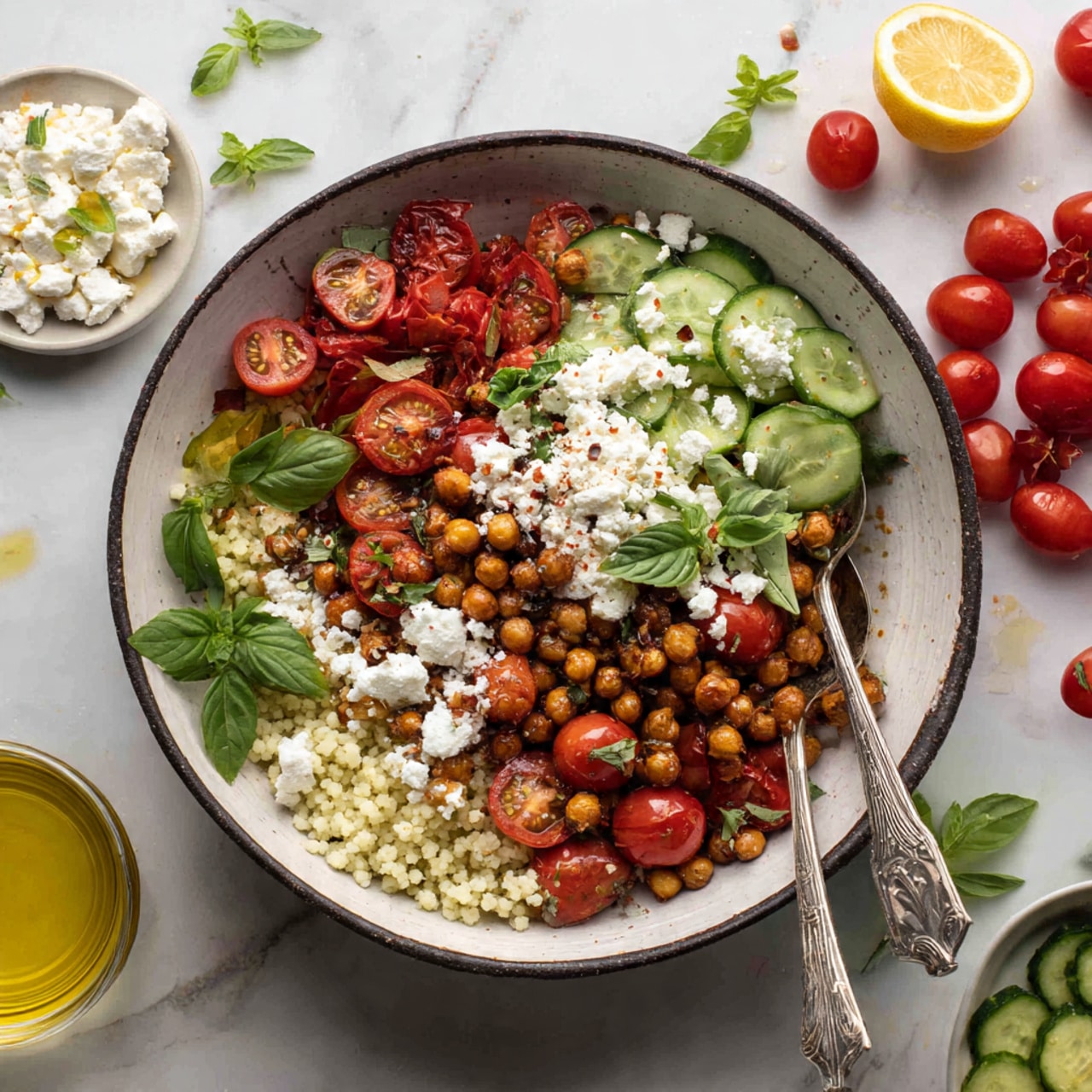 A white bowl with a brown rim holds a colorful couscous salad layered with small, round white couscous grains as the base. Scattered throughout the couscous are bright red cherry tomatoes, both fresh and roasted, adding shiny and wrinkled textures. There are slices of green cucumber layered in, along with small chunks of white cheese. Golden roasted chickpeas are sprinkled over, providing a crunchy texture, and fresh green leaves and herbs are throughout, adding freshness and different shades of green. Two silver spoons rest inside the bowl on a white marbled surface. Photo taken with an iphone --ar 4:5 --v 7
