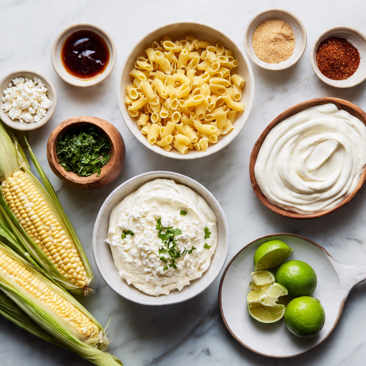 The image shows several ingredients arranged on a white marbled surface. In the top right, there is a large bowl filled with creamy white mayonnaise with a smooth, thick texture. Below it, a white bowl holds yellow pasta shaped like small tubes. To the left of the pasta, a white bowl contains crumbly white cotija cheese. Near the center, there is a small wooden cup with bright green chopped cilantro. Two ears of corn with light yellow kernels and green husks lie diagonally across the image. Around these, smaller bowls hold various seasonings—one deep brown with olive oil, another with a mix of reddish and white powders labeled tajín and seasonings, and one bowl with smooth white Mexican crema. At the bottom right on a smaller white plate, halved bright green limes are placed. A woman's hand holds a wooden spoon filled with cilantro near the center. The whole setup has a fresh and clean look, with natural colors and textures. Photo taken with an iphone --ar 4:5 --v 7