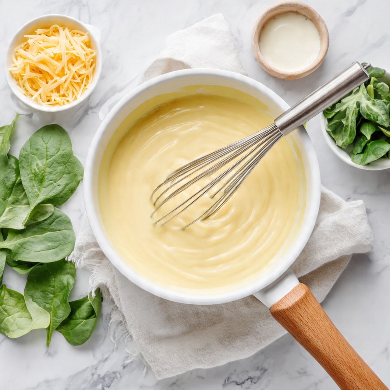 A white pot with a wooden handle is filled with a smooth, light yellow sauce, with a shiny metal whisk resting inside. The pot sits on a white cloth, placed on a white marbled surface. Near the pot to the top right, there is a small white bowl filled with thin, pale yellow cheese strips, and to the right of that, a small white pitcher with cream inside. Some green leaves are placed above the cloth near the bowl. photo taken with an iphone --ar 4:5 --v 7