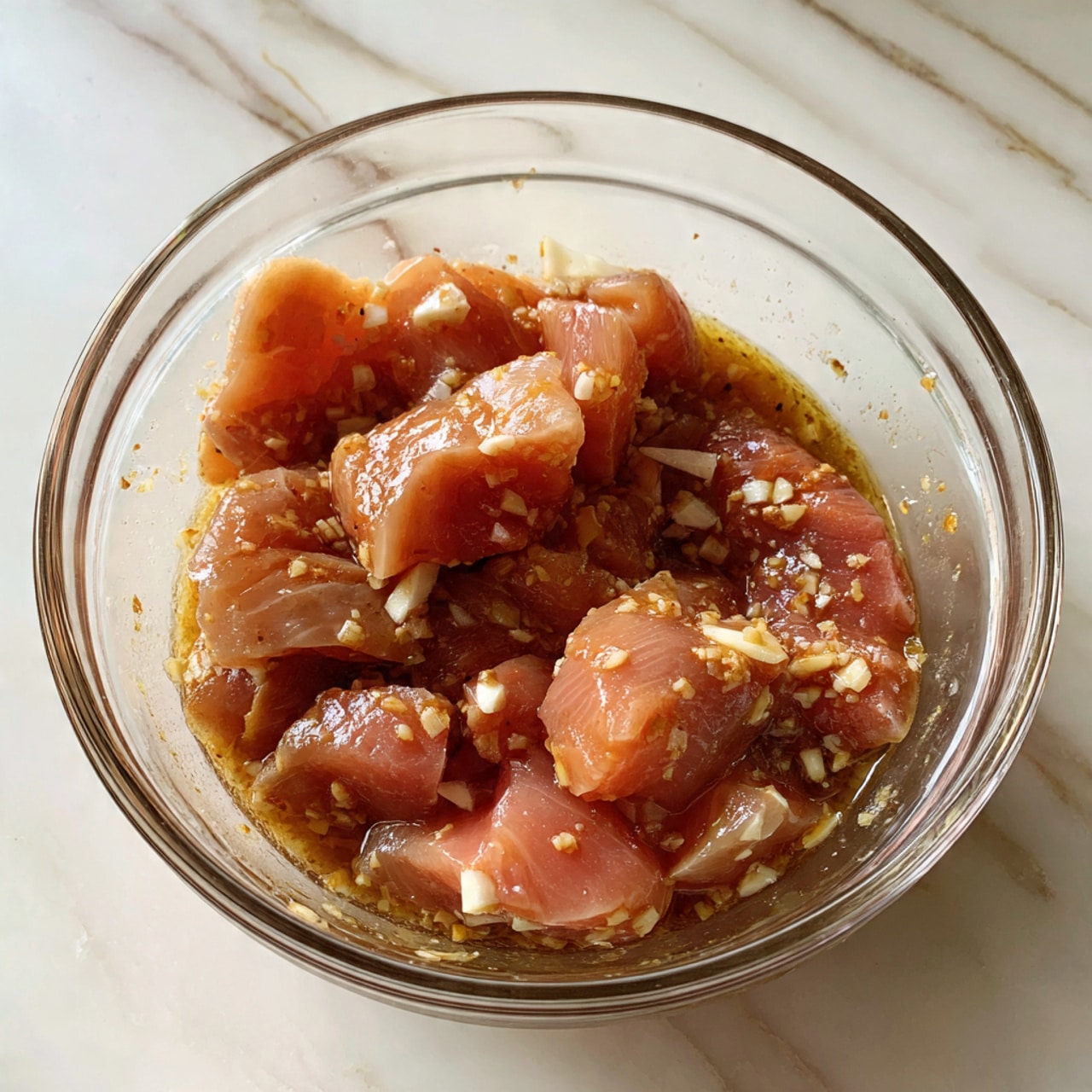 A clear glass bowl filled with pieces of raw pink chicken soaked in a light brown marinade with small white bits, likely garlic, visible throughout the liquid; the chicken pieces are uneven in size and shape, partly submerged and resting on the bottom inside the bowl, which sits on a white marbled surface. photo taken with an iphone --ar 4:5 --v 7