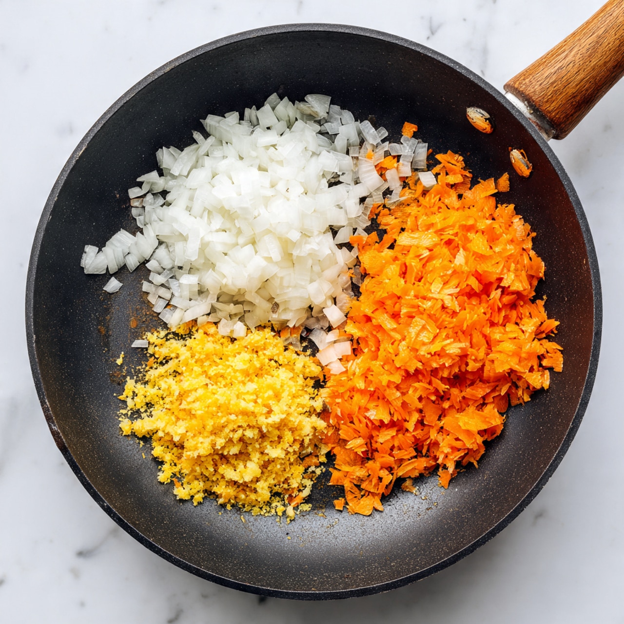 A black frying pan with a wooden handle is on a white marbled surface. Inside the pan, there are three sections of ingredients: finely chopped white onions on the left, bright orange carrot pieces on the right, and a small pile of yellow grated ginger in the middle. The ingredients are fresh and sit separately without much mixing. Photo taken with an iphone --ar 4:5 --v 7