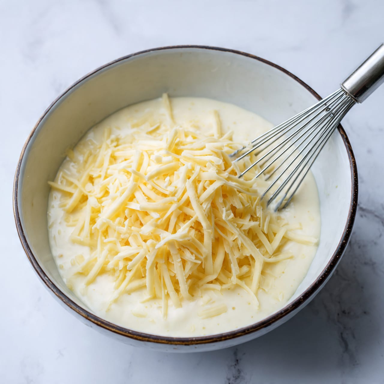 The image shows a white bowl filled with a creamy white sauce, with a pile of light yellow shredded cheese sitting on top of the sauce. A silver whisk rests in the bowl, partially covered by the cheese and sauce, with the handle angled to the right side. The bowl itself has a white interior and a dark rim, placed on a white marbled surface. Photo taken with an iphone --ar 4:5 --v 7