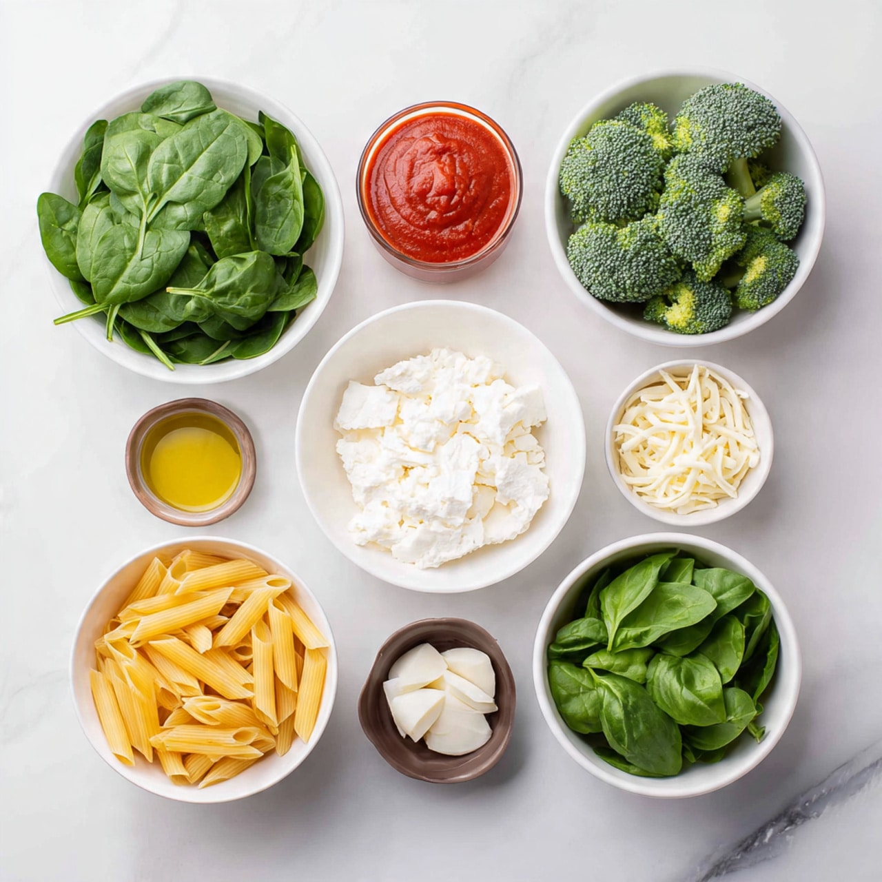 The image shows eight separate white bowls arranged on a white marbled surface, each holding different ingredients. Starting from the top left, a white bowl is filled with fresh deep green spinach leaves. To the right, there is a clear glass measuring cup full of bright red marinara sauce with a smooth texture. Below the spinach, a bowl holds dry yellow penne pasta with a smooth surface. In the center, a white bowl is filled with white cottage cheese, soft with small curds. Below it, a bowl contains shredded mozzarella cheese, white and stringy. To the right of the cottage cheese, a bowl is full of green broccoli florets with a textured surface. In the bottom left corner, a small white bowl has golden olive oil. Next to it, a smaller brown bowl contains finely minced white garlic. To the right at the bottom, a shallow white bowl holds fresh green basil leaves with smooth texture. photo taken with an iphone --ar 4:5 --v 7