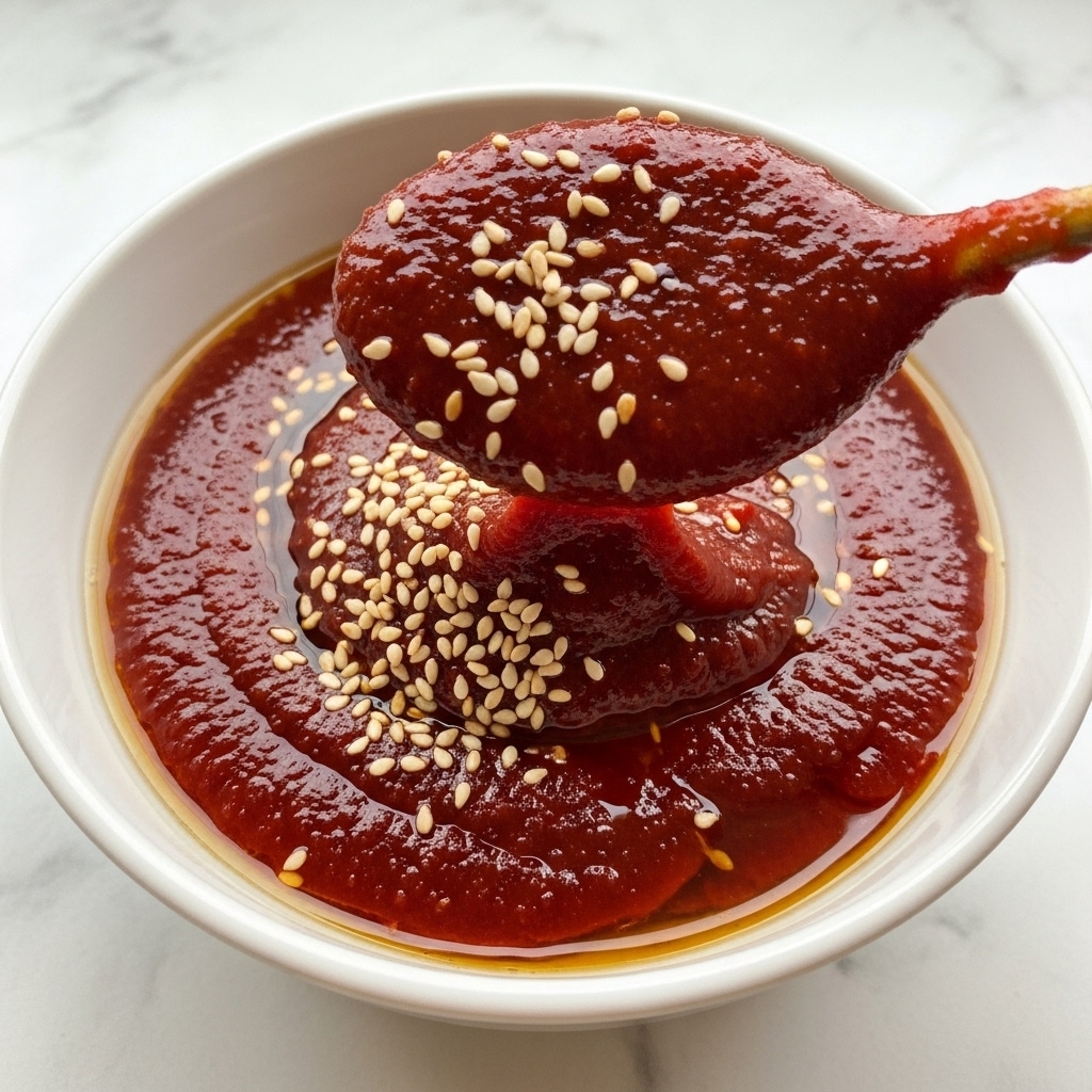 A white bowl contains a thick, deep red sauce with a smooth texture, sprinkled with many small white sesame seeds on top. There is a shiny light brown liquid pooling at the edges of the sauce inside the bowl. A spoon, covered in the red sauce, is lifting some of it from the bowl, showing a rich and sticky look. The background is a white marbled surface. photo taken with an iphone --ar 4:5 --v 7