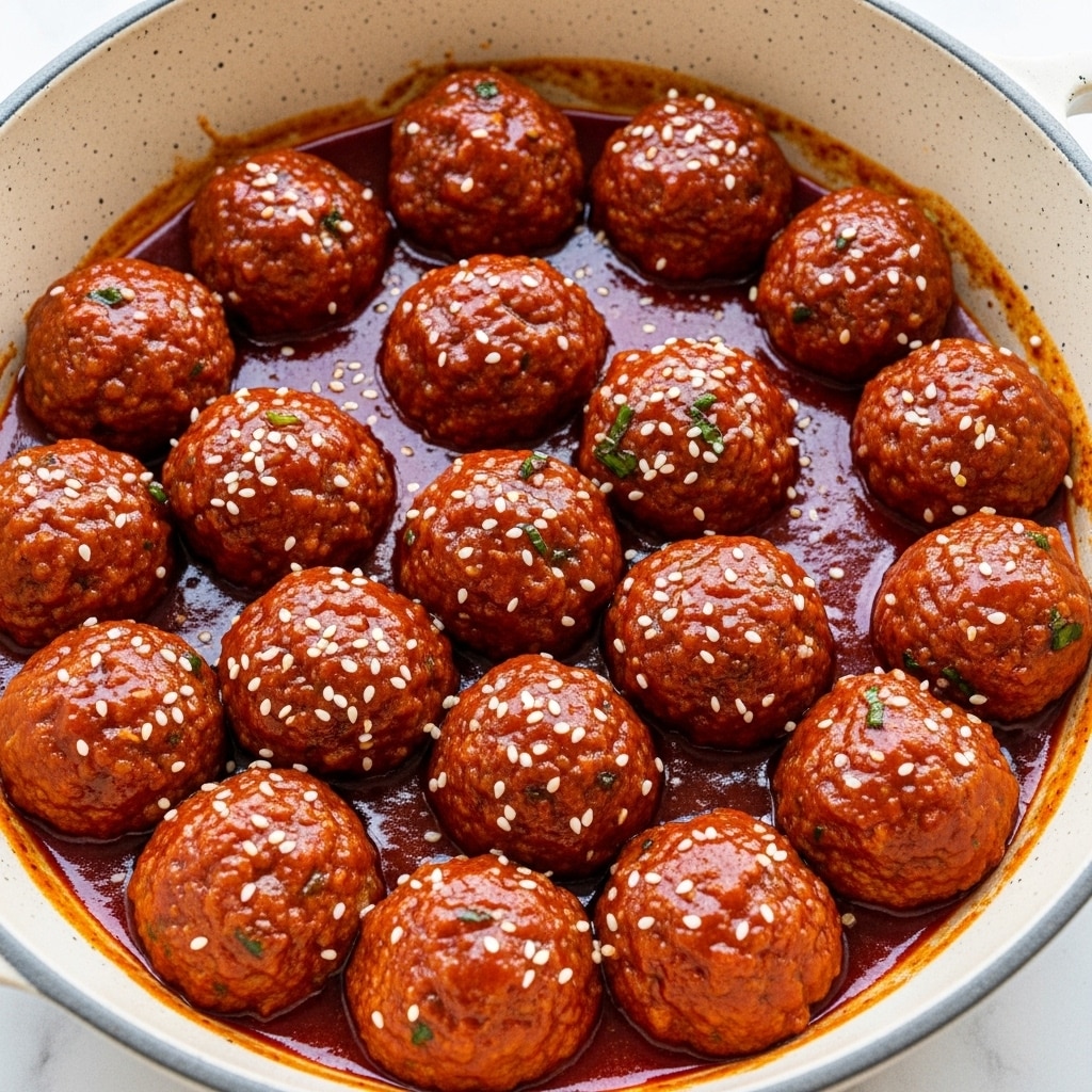A white square bowl contains two layers: the bottom layer is plain white rice, and the top layer has seven shiny reddish-brown meatballs covered in a thick sauce. The meatballs are arranged in close group, mostly to the right side of the bowl, and are sprinkled with small bright green chopped scallions. The bowl is placed on a white marbled surface. Photo taken with an iphone --ar 4:5 --v 7