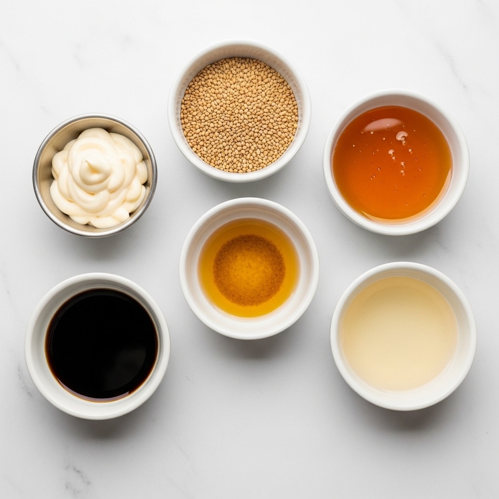 The image shows six white bowls and a small metal cup arranged on a white marbled surface. The upper left metal cup holds thick, creamy mayonnaise with swirls on top. In the middle at the top, a white bowl is filled with small toasted sesame seeds, light brown in color and evenly spread. To the right, another white bowl contains golden honey, smooth and shiny. Below the honey, a white bowl is filled with clear, light rice vinegar. To the left of the vinegar, a white bowl with light brown toasted sesame oil shines in a thin layer. Finally, at the bottom left, another white bowl holds dark brown soy sauce with a smooth surface. Each item is clearly visible, placed separately with simple lighting. Photo taken with an iphone --ar 4:5 --v 7