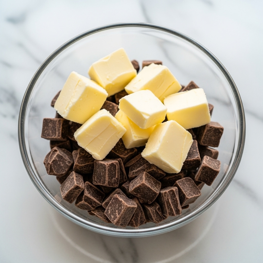A clear glass bowl on a white marbled surface holds dark brown chocolate chunks and creamy white butter pieces mixed together. The chocolate chunks are rough and uneven, while the butter is smooth and soft, sitting on top and around the chocolate in one layer. photo taken with an iphone --ar 4:5 --v 7