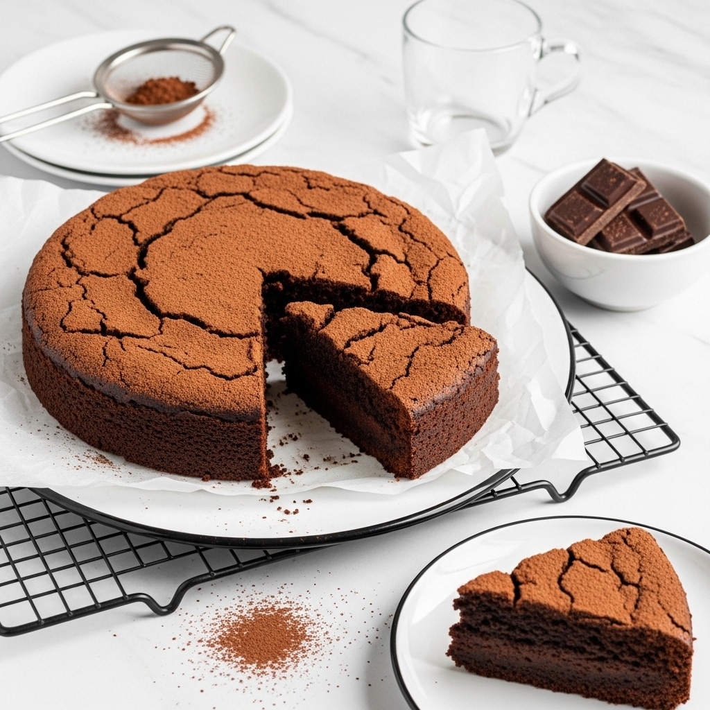 The image shows a single slice of chocolate cake on a white plate with a beaded edge, placed on a white marbled surface. The cake has one thick layer with a dark brown, moist texture and is topped with a thin, even layer of white powdered sugar covering the entire top. A silver spoon rests on the plate in front of the cake slice. In the blurred background, there is the rest of the round chocolate cake, similarly topped with powdered sugar, sitting on another white plate. Next to the cake piece in the background, there is a small glass filled with dark coffee. Photo taken with an iphone --ar 4:5 --v 7