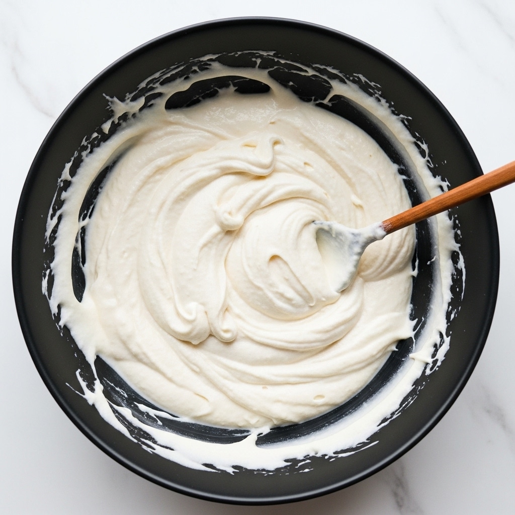 A black bowl filled with a creamy white mixture that is smooth and thick, almost like a soft batter or dough. The mixture covers most of the inside of the bowl unevenly but thickly, with some parts showing small lumps. A wooden spoon with a thin, long handle is partially stuck in the mixture on the right side. The bowl is placed on a white marbled surface, which adds a clean and bright background to the image. photo taken with an iphone --ar 4:5 --v 7