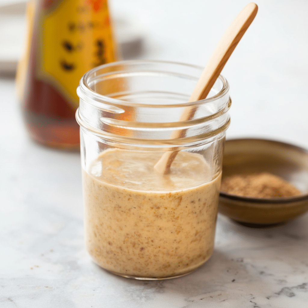 A fresh salad is shown in a white bowl with a blue rim, placed on a white marbled surface. The salad has several layers: the bottom layer is green leafy lettuce with different textures, some smooth and some curly. On top, there are sliced green cucumber pieces evenly spread, along with halved bright red cherry tomatoes showing their soft inside. Around the edge of the bowl, quartered boiled eggs with yellow yolks and white edges are placed evenly. A woman's hand holding a wooden spoon is seen in the top right, drizzling a creamy, light brown dressing over the salad. The overall look is colorful and fresh, with the dressing creating small creamy pools on the greens. Photo taken with an iphone --ar 4:5 --v 7