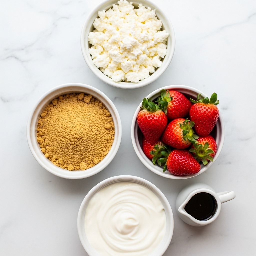 The image shows five small white bowls with different ingredients arranged on a white marbled surface. The top bowl contains a thick, textured white cottage cheese. Below it to the left is a bowl filled with a crumbly, light brown graham cracker crust. On the right side, there is a small bowl filled with bright red strawberries with green leaves still attached. Next to the strawberries is a tiny white pitcher with dark brown syrup. At the bottom is a bowl of smooth, creamy white yogurt or cream, swirled in the center. Photo taken with an iphone --ar 4:5 --v 7