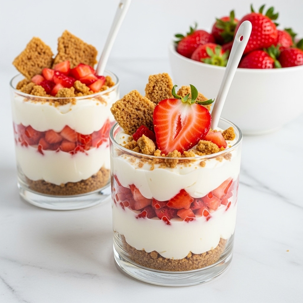 The image shows a clear glass jar with four visible layers placed on a white marbled surface. The bottom layer is a crumbly light brown base. Above it is a thick, smooth white layer, followed by another crumbly light brown layer. On top is a layer of chopped, bright red strawberries, arranged evenly with a thin spread of white cream just under the fruit. The jar is square-shaped with rounded edges and the photo is well-lit with a soft, neutral background. photo taken with an iphone --ar 4:5 --v 7