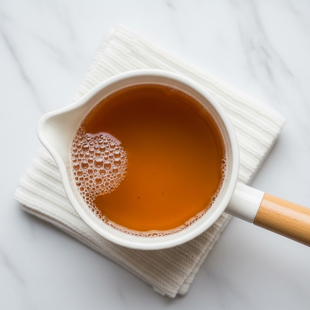 A top view of a small white pot with a wooden handle filled with light brown tea, with small bubbles floating on the surface mostly near the left side. The pot sits on a white knitted cloth placed on a white marbled surface. The light brown liquid fills most of the pot with a smooth texture except for the foamy bubbles. photo taken with an iphone --ar 4:5 --v 7