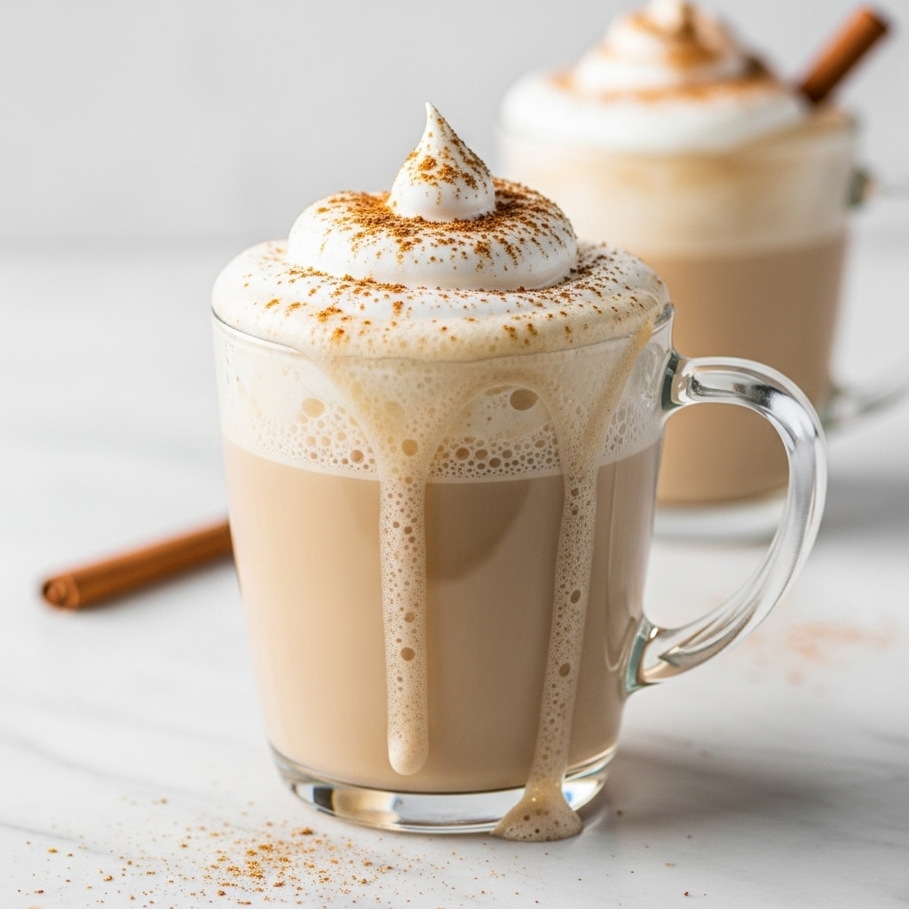 There are two clear glass mugs filled with light brown coffee topped with thick, white whipped cream that has light brown sprinkles on top. The mug in front is overflowing slightly with the whipped cream dripping down the sides. A light brown wooden spoon rests nearby on a white marbled surface, and a soft beige cloth is partially visible on the left. In the background, there is another mug with whipped cream and a cinnamon stick inside, and a terracotta pot with a green plant. The photo taken with an iphone --ar 4:5 --v 7