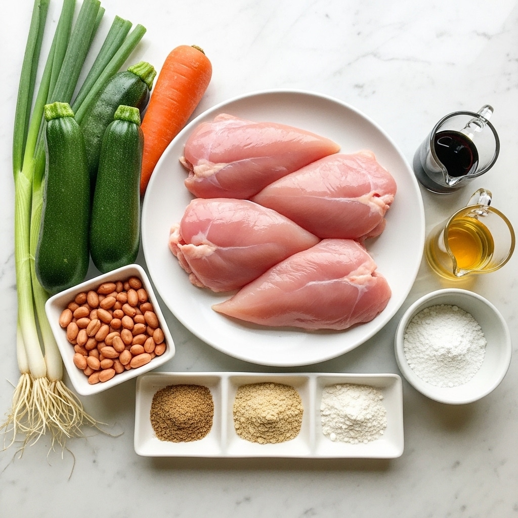 The image shows a white round plate in the center with four raw chicken pieces that are pink and smooth. To the left of the plate, there are three green zucchinis, one orange carrot, and a bunch of green onions with white roots, all placed on a white marbled surface. Near the chicken, there is a small white square bowl filled with light brown peanuts. In front of the plate, there are three small white rectangular dishes each holding a different powdered spice or ingredient in light brown, beige, and white colors. To the right of the plate, there is a small white round bowl containing a white powder and two small clear glass containers, one filled with a dark liquid and the other with a light liquid, both placed on the same white marbled surface. The photo taken with an iphone --ar 4:5 --v 7