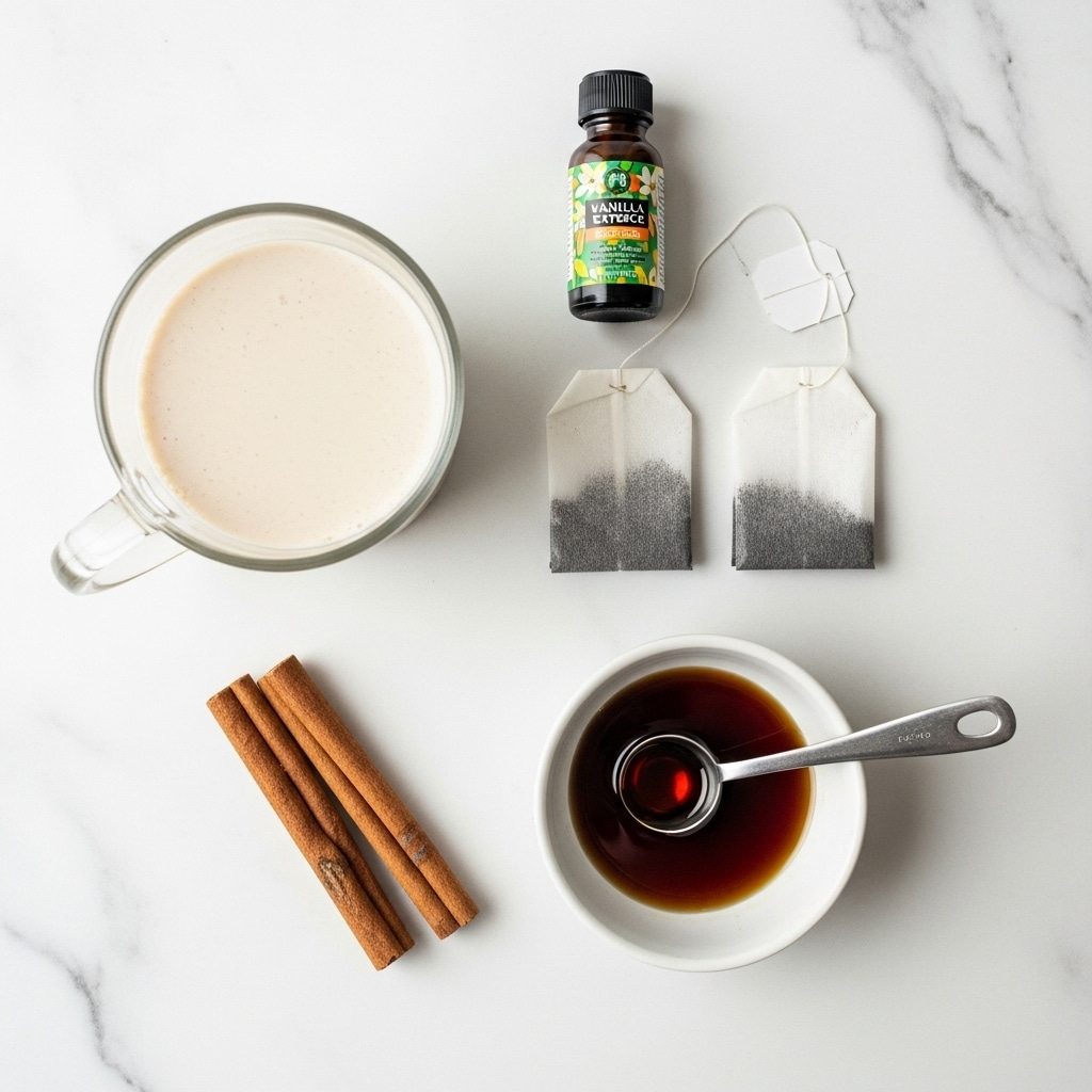 The image shows a top-down view of five items arranged on a white marbled surface. In the top left corner, there is a clear glass cup filled with light beige plant-based milk with a smooth texture. To the right of the cup, two black tea bags lie side by side with white tags attached. Above the tea bags is a small dark bottle of vanilla extract with a colorful label displaying green and yellow accents. Below the tea bags and slightly to the right, there is a small white bowl with dark maple syrup inside, accompanied by a silver measuring spoon resting in the syrup. On the bottom left corner, two cinnamon sticks with a wooden, rough texture are placed parallel to each other. All items are clearly separated and the scene is lit evenly, showcasing soft shadows. photo taken with an iphone --ar 4:5 --v 7