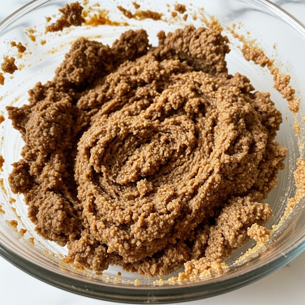 A close-up image of a glass bowl filled with a thick, grainy brown mixture. The mixture has a moist and crumbly texture, with small clumps and uneven surfaces, showing some shine that suggests slight moisture. The bowl edges are visible, showing some mixture stuck along the sides. The background is a white marbled surface. photo taken with an iphone --ar 4:5 --v 7