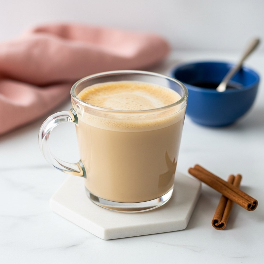 A clear glass cup filled with a light brown creamy drink, with a layer of froth on top showing tiny bubbles and a smooth texture. The cup has a simple handle and is placed on a white marbled surface. Around the drink, there is a white bowl holding a tea bag with dark contents tied with a string, a small white cup holding dark liquid with a silver spoon, a cinnamon stick with a light brown color and textured surface, and a soft pink cloth. The scene is bright and clean with a soft shadow under the cup. photo taken with an iphone --ar 4:5 --v 7