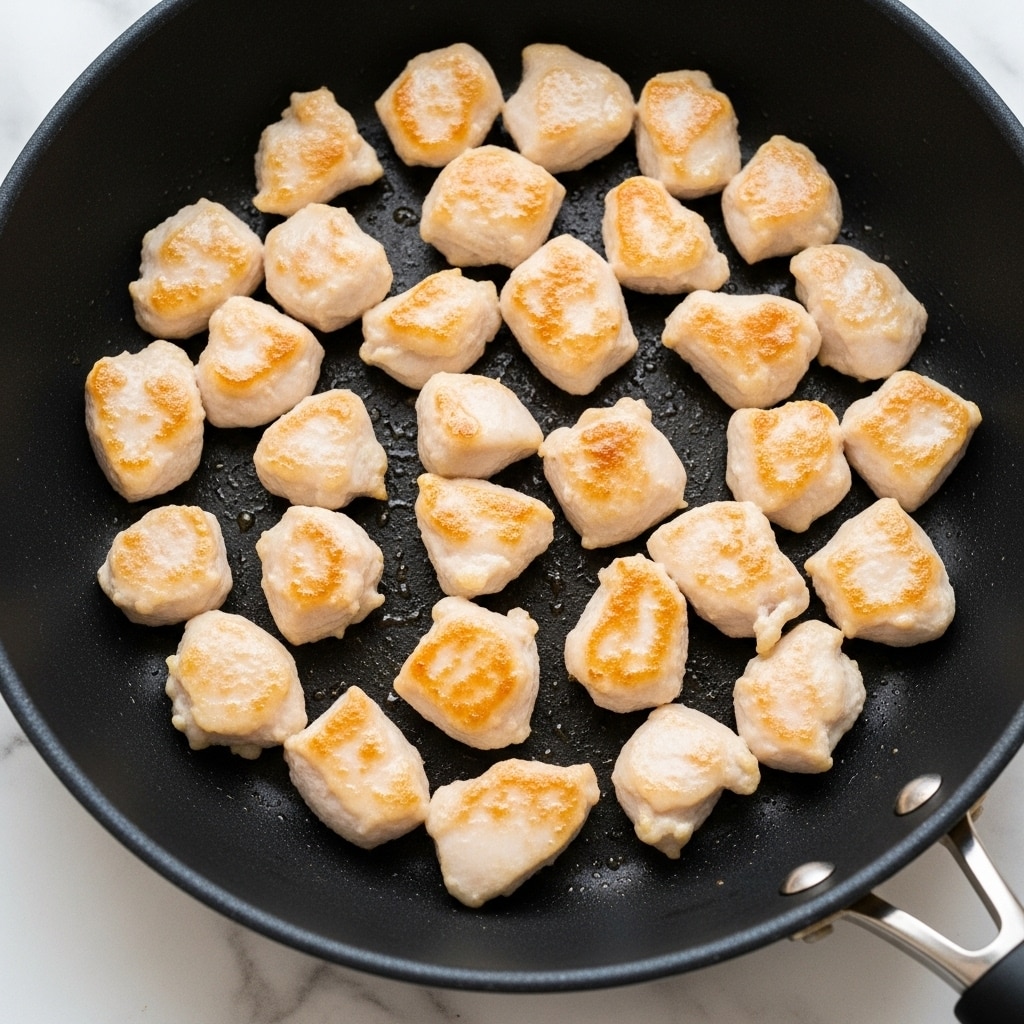 A black frying pan holds many small, white pieces of chicken cooking evenly across the bottom layer. Each chicken piece is light brown with some slight golden spots showing where it is cooking, giving a dry, slightly shiny texture. The pan is on a white marbled surface, with the edge of the pan and its metal handle visible in the corner. Photo taken with an iphone --ar 4:5 --v 7