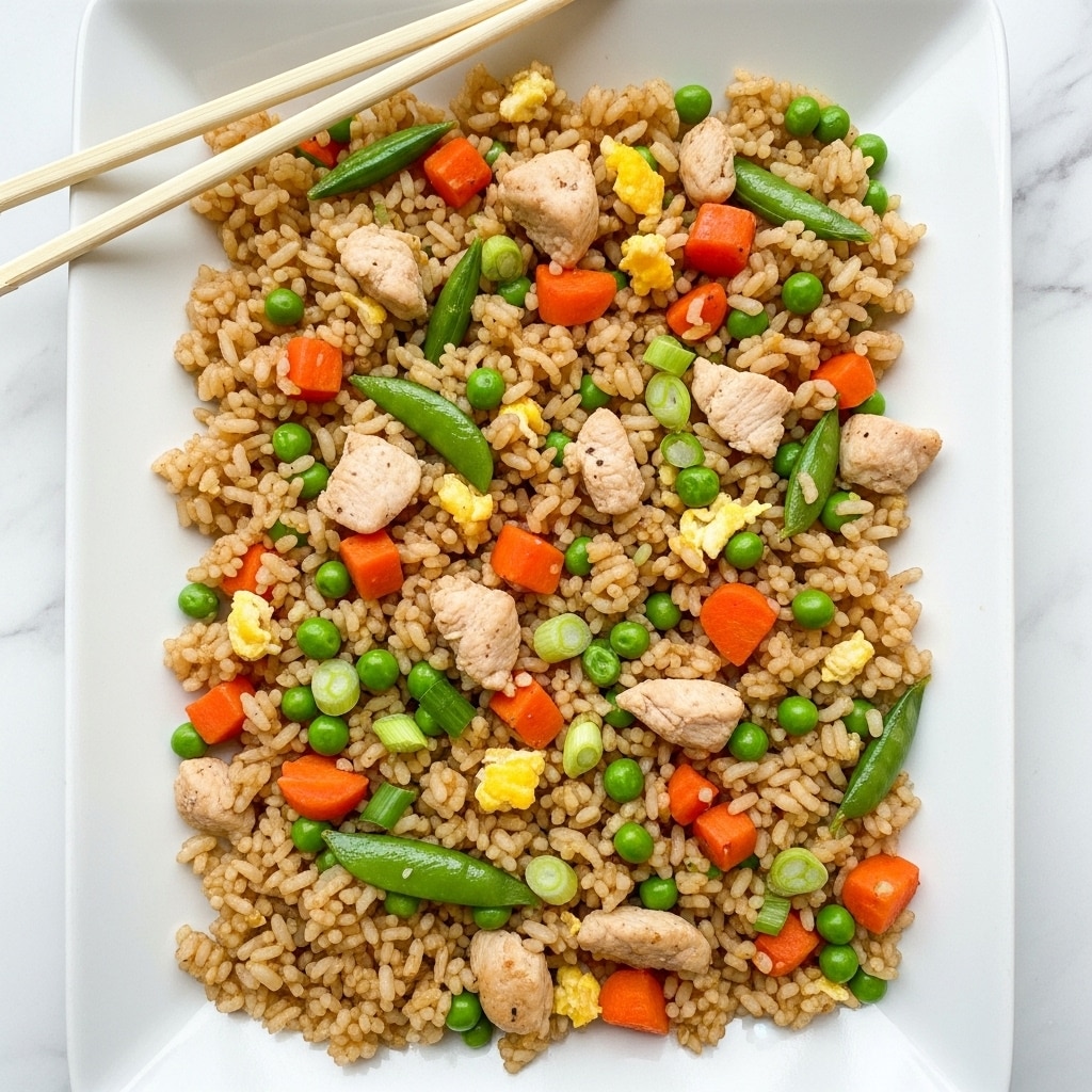 In a black frying pan filled with a mix of cooked rice, diced light brown chicken pieces, bright green peas, small orange carrot cubes, and soft yellow scrambled egg bits scattered evenly, all sitting on a white marbled surface. The rice grains are light brown with some white, mixed well with the other ingredients that create a colorful and textured appearance, clearly showing the mix of vegetables, meat, and egg throughout the pan. Photo taken with an iphone --ar 4:5 --v 7