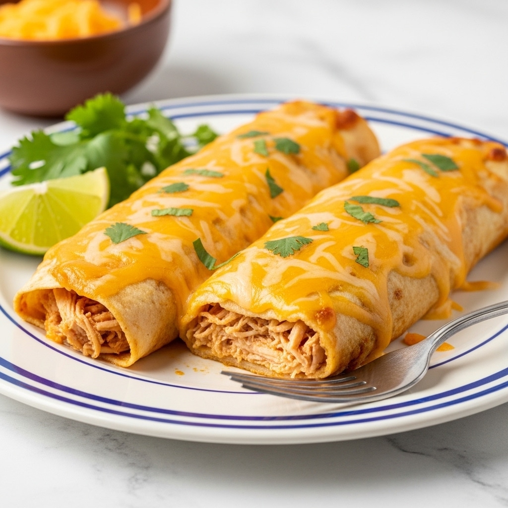 A white rectangular baking dish holds eight rolled enchiladas lined up closely in two rows, each filled and rolled in light tan tortillas, covered with a thick layer of melted orange and white cheese, along with a reddish-orange sauce that saturates the top. Small green cilantro leaves are scattered over the enchiladas adding a fresh touch. Near the baking dish, there is a green napkin folded under the dish's corner. In the background, there are small white bowls, one filled with finely chopped green herbs and the other with shredded yellow cheese. A few lime wedges and sprigs of cilantro decorate the white marbled surface around the dish. Photo taken with an iphone --ar 4:5 --v 7