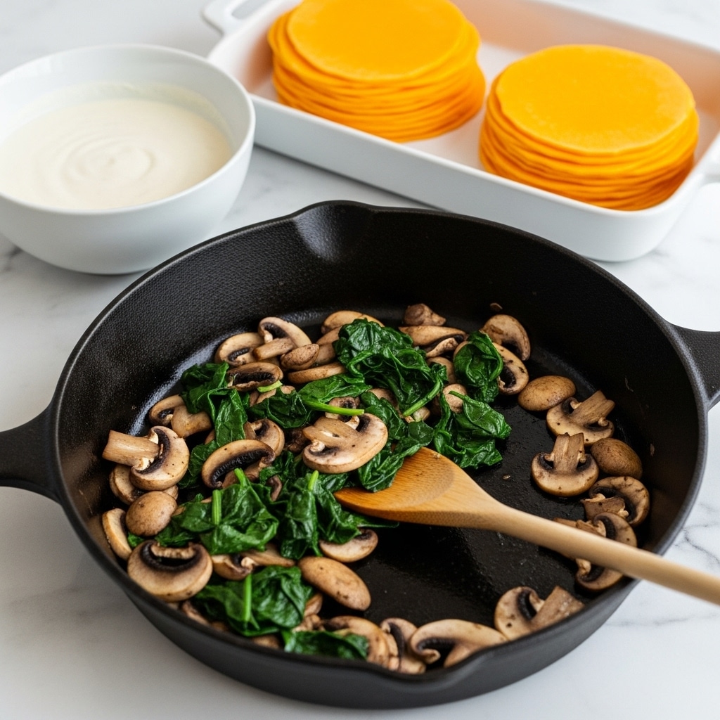 A black cast iron pan filled with sautéed sliced mushrooms and wilted green spinach, stirred with a small wooden spoon placed in the pan. Behind the pan, there is a white rectangular dish holding two neat stacks of bright orange butternut squash sheets. To the left side, a white bowl contains a smooth, creamy white sauce. All items sit on a white marbled surface. photo taken with an iphone --ar 4:5 --v 7