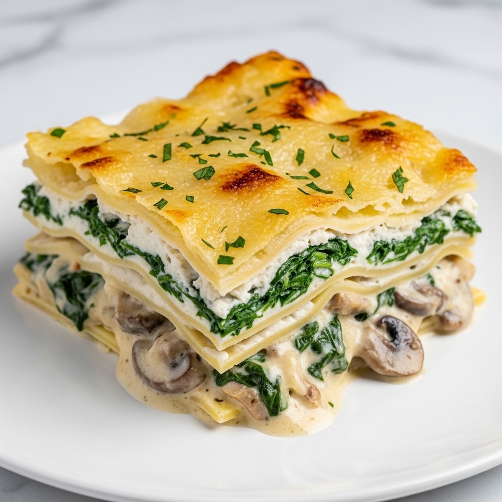 A square piece of lasagna sits on a white plate with a white marbled background, showing three visible layers. The top layer is light golden brown with a baked, slightly crispy texture and small bits of green herbs sprinkled over it. Beneath this is a creamy white sauce mixed with dark green spinach leaves, adding a soft texture. The bottom layer reveals a mix of creamy sauce with visible pieces of mushrooms and spinach, slightly oozing out, giving it a rich and moist look. The edges are smooth and slightly melted into the plate. Photo taken with an iphone --ar 4:5 --v 7