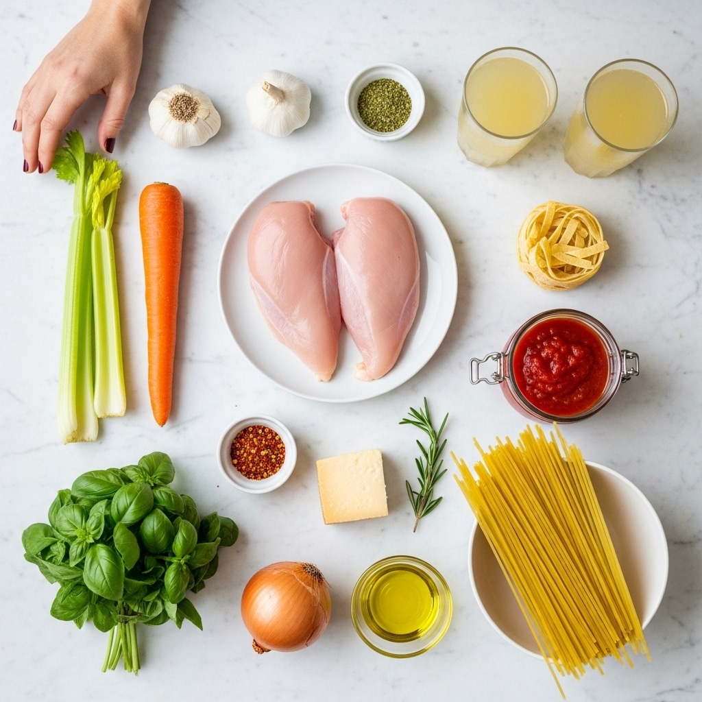 The image shows ingredients arranged neatly on a white marbled surface. In the center, there is a small white plate with two raw chicken pieces, pale pink in color and smooth in texture. Around the plate, there are several ingredients: a whole orange carrot on the left side, a bunch of green basil leaves below the carrot, two garlic cloves above the plate, an orange onion below the plate, and two light green celery stalks to the left. To the right, there is a small glass jar filled with red tomato sauce and a white bowl with dry spaghetti pasta sticks. Near the bottom middle is a piece of pale yellow cheese, a sprig of rosemary, and a small amount of olive oil in a clear glass bowl. There are also two tall glasses filled with a light yellow drink at the top right corner. Small white bowls with green and red spices are spread near the center. A woman's hand reaches slightly toward the top left. The photo taken with an iphone --ar 4:5 --v 7