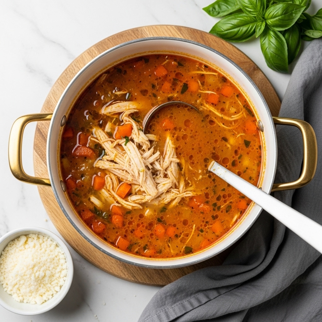 A white pot with golden handles holds a rich orange soup filled with shredded white chicken and small cubed vegetables, possibly carrots, floating within the broth. The soup's surface has a slight oily sheen and visible herbs, giving it a textured look. A metal ladle is resting inside the pot on the right side, partially submerged in the liquid. The pot sits on a round wooden board placed on a white marbled surface, with a gray cloth nearby. Fresh green basil leaves add a splash of color at the top right, and a small white bowl filled with grated white cheese is positioned at the bottom left. Photo taken with an iphone --ar 4:5 --v 7