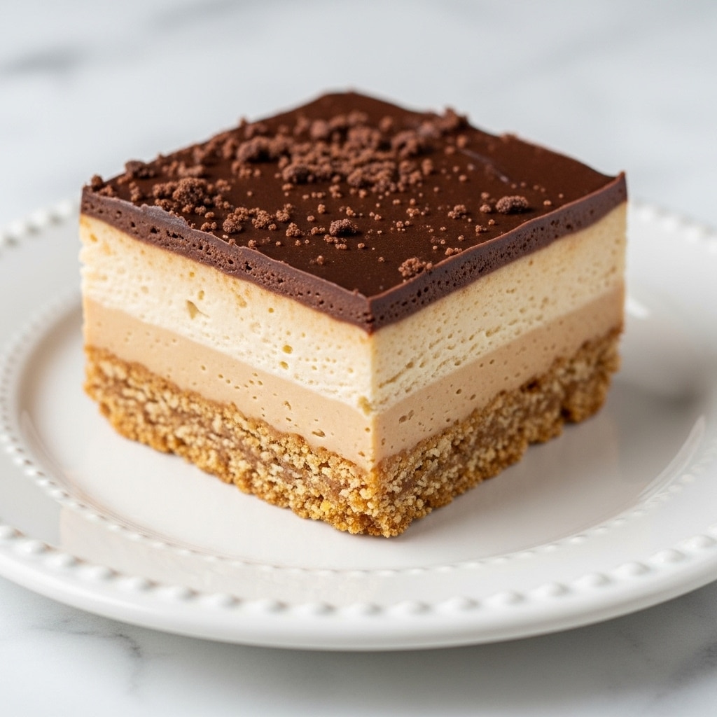 A square dessert bar with three clear layers sits on a white plate with a beaded edge, placed on a white marbled surface. The bottom layer is a crumbly, golden-brown crust with a slightly rough texture. Above that is a smooth, light tan middle layer, which looks creamy and firm. The top layer is a dark chocolate brown, glossy and thick, with some small crumbs scattered over it. The dessert is neat with clean edges, showing the contrast between each layer clearly. Photo taken with an iphone --ar 4:5 --v 7