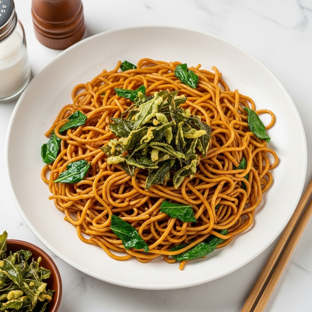 A white round plate filled with a single layer of glossy brown noodles that are slightly tangled, mixed with scattered small green leafy pieces throughout the noodles. On top, there is a small pile of crispy, darker green fried leafy strips adding texture and color contrast. The plate is placed on a white marbled surface with a pepper grinder and sugar jar visible near the top edge, and a small brown bowl containing more crispy green leaves near the bottom left, along with a pair of wooden chopsticks resting on the right side. photo taken with an iphone --ar 4:5 --v 7