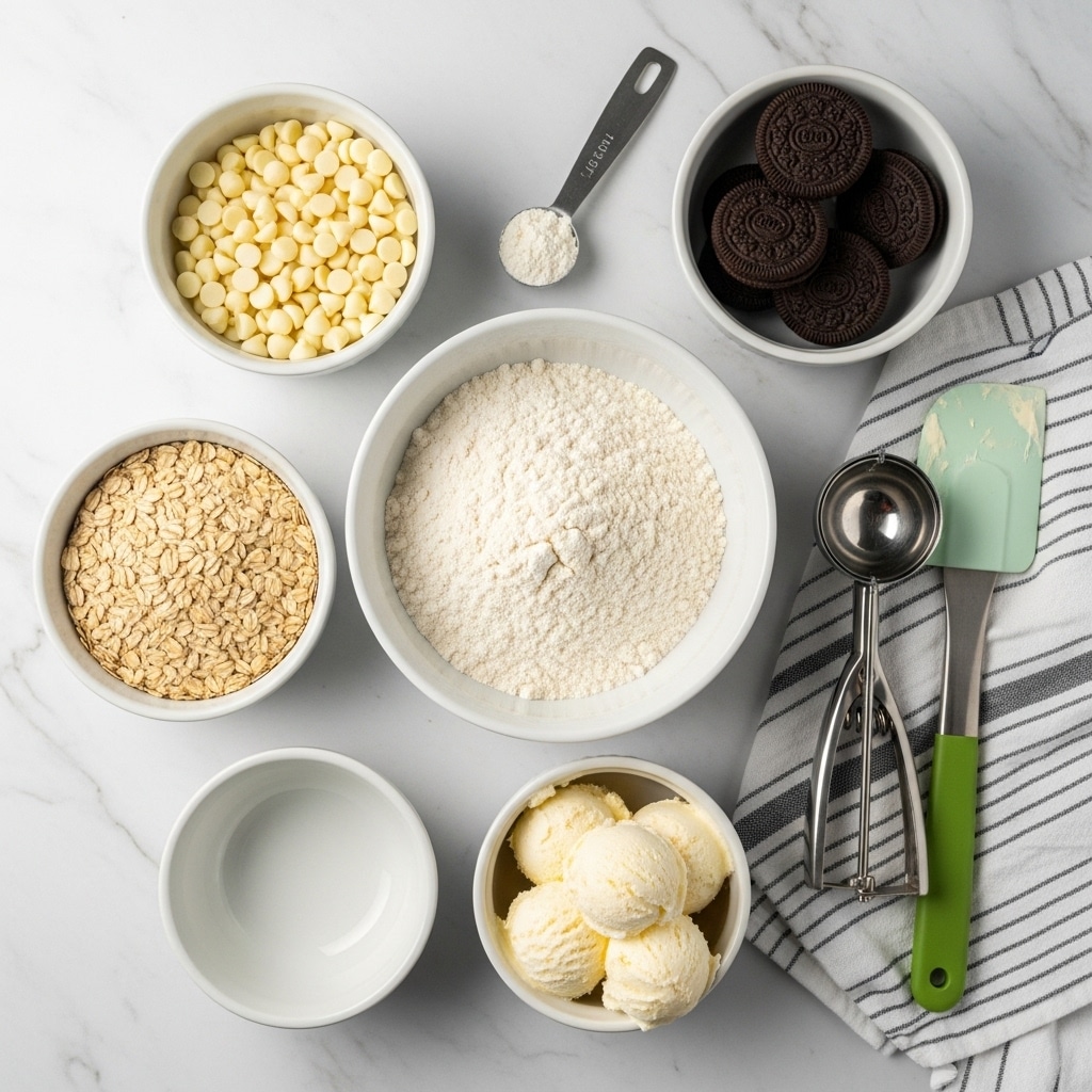 The image shows several white bowls and a measuring spoon arranged on a white marbled surface. There is a large white bowl filled with white flour in the center. Above it, a white bowl holds small white chocolate chips. To the right, a white bowl contains five dark chocolate sandwich cookies stacked loosely. Below the flour, another white bowl has light tan rolled oats. Next to the oats, a white bowl holds several scoops of white creamy butter. A small empty white bowl sits at the bottom left. On the right side of the image, a silver ice cream scoop and a green spatula rest on a white and gray striped cloth. A metal 1/4 teaspoon measuring spoon with white powder is placed above the flour bowl. All items are positioned on a white marbled surface photo taken with an iphone --ar 4:5 --v 7