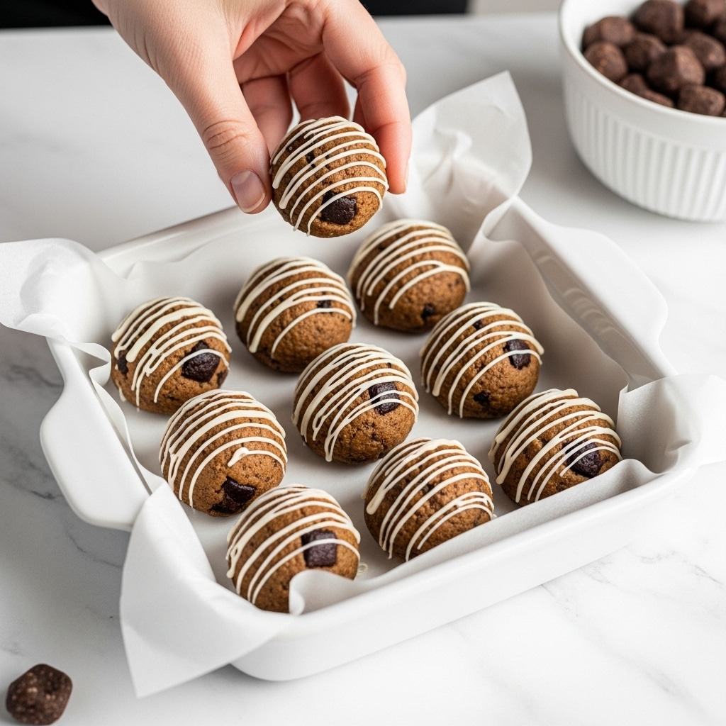 The image shows a white square baking dish lined with white parchment paper holding eleven round, textured balls of cookie dough with small dark chunks inside. Each ball is drizzled with thin lines of white icing that add contrast to the brown dough. The dish sits on a white marbled surface, and a woman's hand is gently holding one ball above the others. In the background, there is a white bowl filled with more dark chunks, partially visible. Photo taken with an iphone --ar 4:5 --v 7