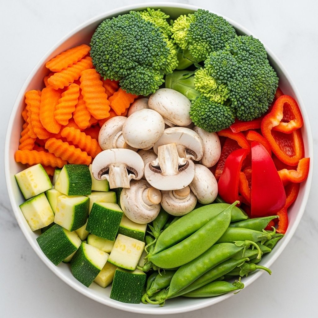 A white bowl filled with five different fresh vegetables arranged in separate sections. Starting from the top, there are large green broccoli florets with a rough texture. To the left of the broccoli are bright orange carrot slices with a wavy texture. In the center are white and brown quartered mushrooms with smooth caps. Below the mushrooms on the left side are light green zucchini chunks with dark green skin edges and a smooth texture. To the right of the zucchini are bright red bell pepper pieces with a glossy surface. Finally, filling the bottom right side are green snap peas with a smooth, slightly curved shape. The bowl sits on a white marbled surface. photo taken with an iphone --ar 4:5 --v 7