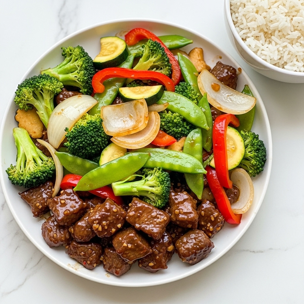 The dish is shown in a white round plate filled with several layers. The bottom layer consists of glossy, dark brown beef pieces cooked and covered in a shiny sauce. Mixed on top and throughout are bright green broccoli florets, crisp snap peas, and chunks of light green zucchini. There are also large slices of white onion and vibrant red bell pepper pieces adding more color. All the vegetables look stir-fried and slightly shiny with sauce, giving a fresh and tender texture. The plate is placed on a white marbled surface, and nearby there is a white bowl filled with plain white rice. Photo taken with an iphone --ar 4:5 --v 7