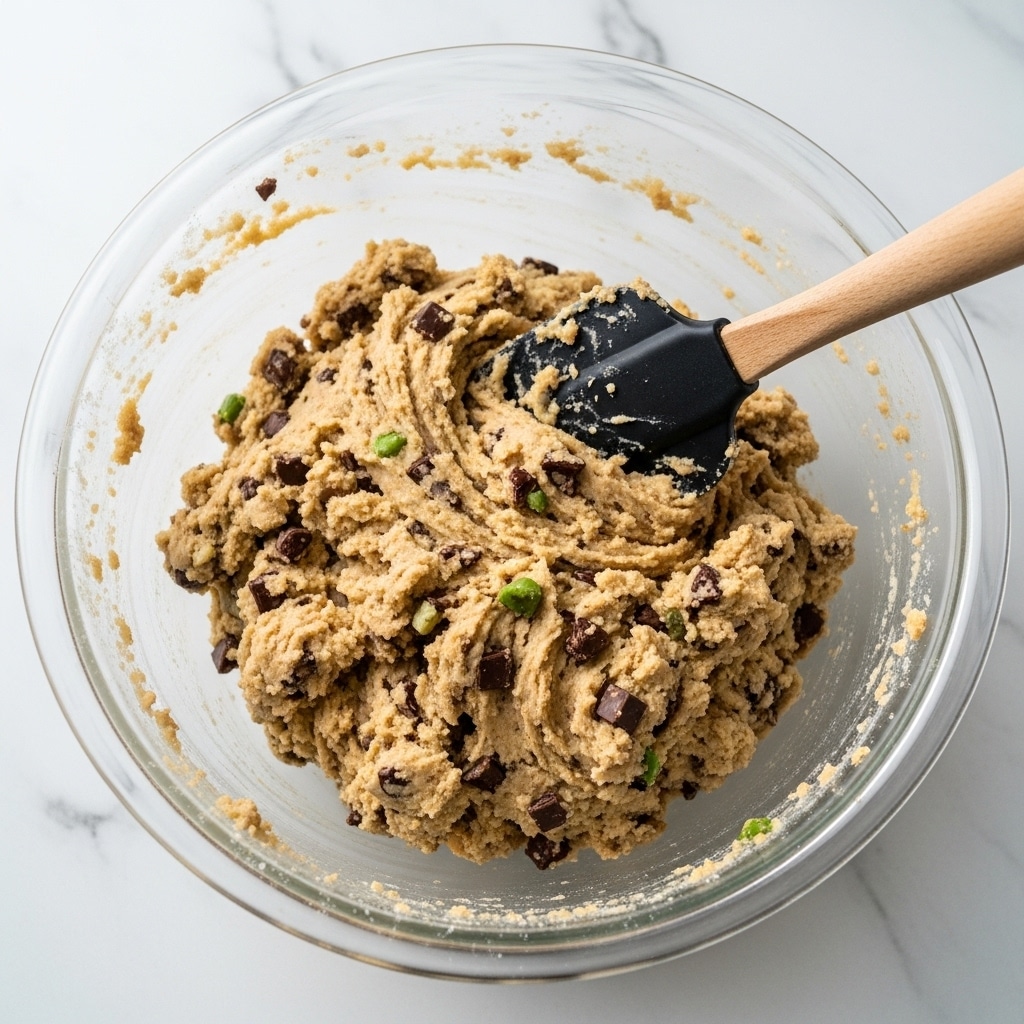A clear glass bowl filled with thick cookie dough full of dark chocolate chunks and small green pieces, showing a soft, grainy texture. A black silicone spatula with a wooden handle is mixing the dough, covered with some of the dough itself. The bowl is placed on a white marbled surface, with some flour or dough residue lightly smeared inside the bowl. photo taken with an iphone --ar 4:5 --v 7