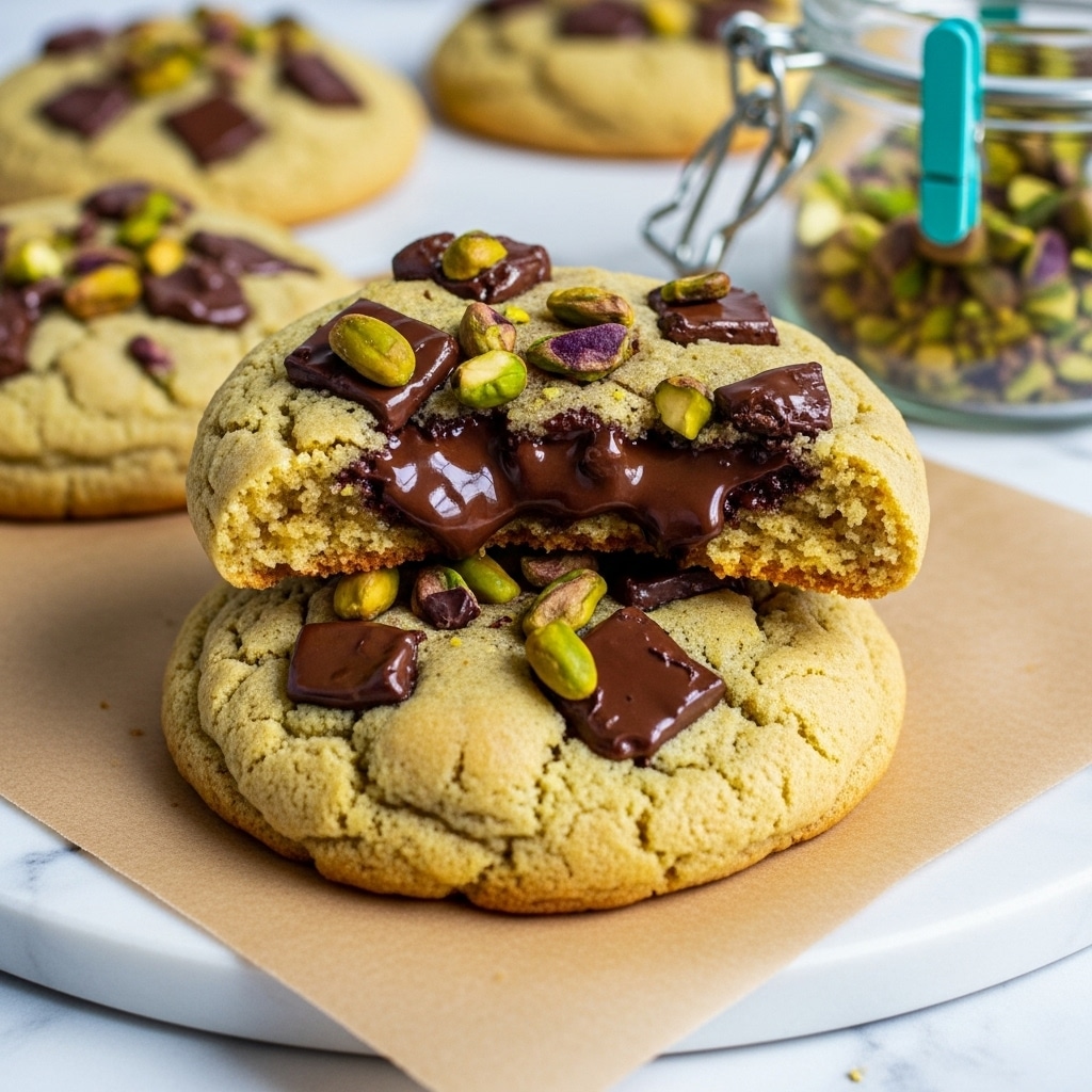 The image shows two large cookies on a brown paper with a white marbled surface underneath. Each cookie has a golden-brown color with a soft, slightly crinkled texture. Visible are chunks of melted dark chocolate and pieces of green pistachio nuts scattered on top, giving a mix of dark brown and green colors across the surface. One cookie is stacked on top of the other, with the top cookie partially broken revealing a warm, soft inside texture oozing dark chocolate. In the background, slightly blurred, there are more cookies and a glass jar with turquoise metal clips filled with chopped pistachios. Photo taken with an iphone --ar 4:5 --v 7