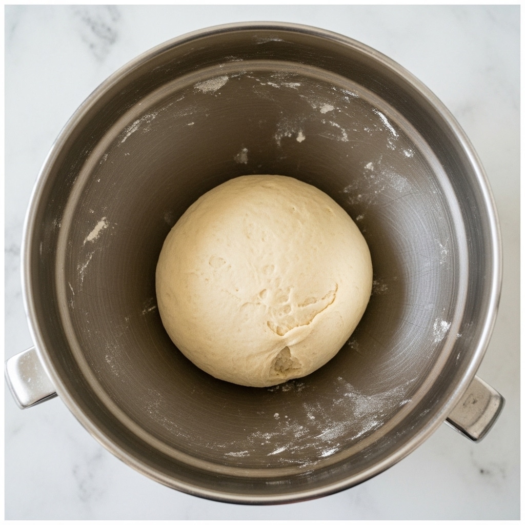 A smooth, round ball of pale dough sitting in the center of a shiny silver mixing bowl. The bowl has a slightly worn texture inside and the dough looks soft and slightly puffy, with a small crease on one side. The bowl is placed on a white marbled surface. photo taken with an iphone --ar 4:5 --v 7