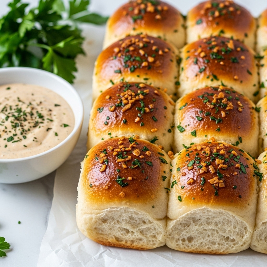 The image shows a close-up of a cluster of soft, golden brown dinner rolls, arranged closely together on white parchment paper over a white marbled surface. Each roll is round with a shiny, slightly crisp top sprinkled with finely chopped green herbs and small bits of toasted garlic, giving a textured feel. The bread looks fluffy and light under the golden crust. On the left side, a white bowl holds creamy beige dipping sauce with specks of dark herbs on top, offering a smooth and thick texture. Bright green parsley leaves are scattered in the background, adding a fresh touch. photo taken with an iphone --ar 4:5 --v 7