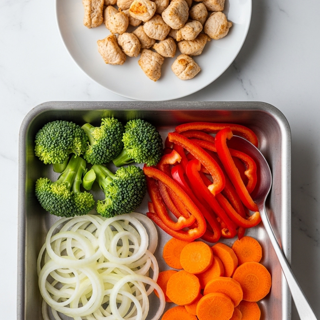 A metal pan with four groups of raw vegetables inside: green broccoli florets in the top left, thin white onion rings below, bright red sliced bell peppers to the right, and orange carrot slices at the bottom. A metal spoon rests inside the pan on the right side. Above the pan, there is a white plate with small pieces of cooked light brown chicken on a white marbled surface. photo taken with an iphone --ar 4:5 --v 7