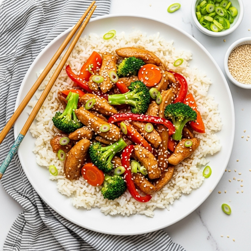 A white plate filled with a base layer of plain white rice. On top, colorful pieces of cooked chicken with a shiny brown sauce are spread evenly. Mixed with the chicken are bright green broccoli florets, orange carrot slices, and red bell pepper strips, all appearing tender and fresh. Thin slices of green onion are scattered over the dish along with small white sesame seeds, adding texture and contrast. A pair of wooden chopsticks rests on the edge of the plate. The whole setup is on a white marbled surface with a gray and white striped cloth nearby, and two small side bowls, one with extra green onion and the other with sesame seeds, sit close by. Photo taken with an iphone --ar 4:5 --v 7