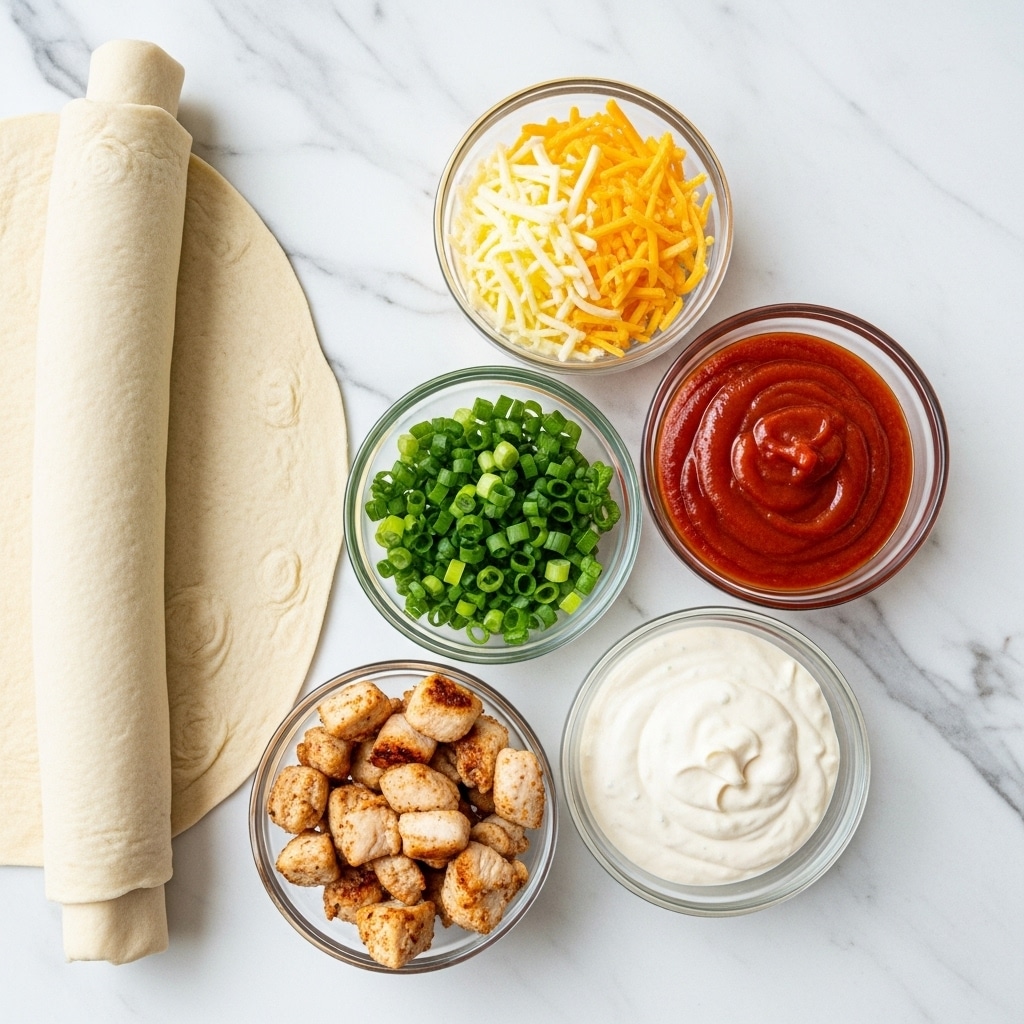 The image shows a white marbled surface with a rolled-out flat dough on the left side. On the right side, there are five small clear glass bowls arranged in a loose circle. The top bowl holds yellow shredded cheese mixing two types. Below it is a bowl with bright green chopped scallions. To the right of the scallions is a bowl filled with smooth, vibrant red sauce. Below the sauce is a bowl of creamy white sauce. To the left is a bowl filled with small pieces of cooked chicken that is light brown with some darker grilled spots. photo taken with an iphone --ar 4:5 --v 7